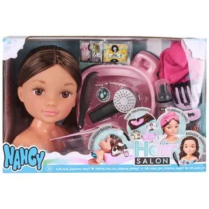 FAMOSA Nancy Hair Salón Morena, peluquería realista con cabeza de muñeca para peinar +3 Años