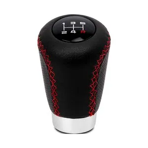 Pomo corto ABC PARTS OEM 2 para palanca de cambio de marchas con gatillo de 27mm, simil piel negro, costuras rojas.