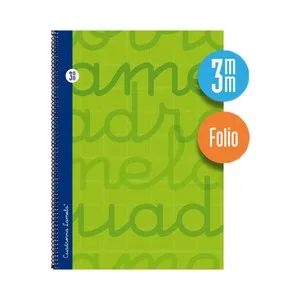 Cuaderno de espiral tamaño cuarto con 80 hojas de cuadrovía 3mm. Cubierta extra dura color verde. EDITORIAL LAMELA.