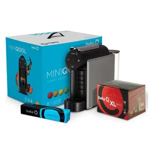 Pack de cafetera de cápsulas + 50 cápsulas de café DELTA Q MiniQOOL gris, automática, multibebidas, recipiente para cápsulas.