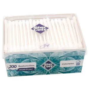 STAR COTT Bastoncillos higiénicos de algodón 100% con palo de papel STAR COTT 200 uds.