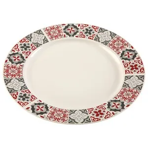 Plato llano redondo de porcelana modelo Hidra con ala decorada, 27cm., VERSA.