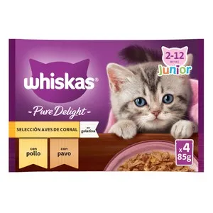 WHISKAS Pienso húmedo para gato junior bolsa aves WHISKAS pure delight 4x85 gr.