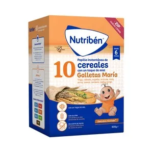 NUTRIBÉN Papilla en polvo de 10 cereales con un toque de miel y galleta María a partir de 6 meses 600 g.