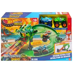 Monster Trucks Sharks vs. Dinos Destrucción del Dragón con 2 camiones a escala 1:64 +4 Años, Hot Wheels MATTEL