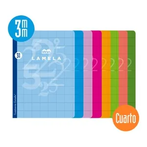 Cuaderno de tamaño A5 y 50 hojas. Cuadrovía de 3 mm., 8 colores surtidos. EDITORIAL LAMELA.