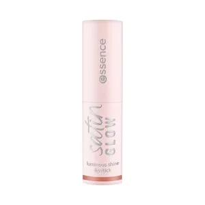 ESSENCE Satin glow tono 01 Whole latte love, nude calido Barra de labios cremosa, acabado luminoso.