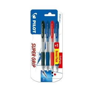3+1 bolígrafos super grip retráctiles, 2 azules, 1 rojo, 1 negro, PILOT.