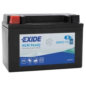 Batería para moto 8Ah, arranque 120 A. 12v, L: 15cm, A: 9cm, H: 10,5cm, EXIDE AGM12-7.5.