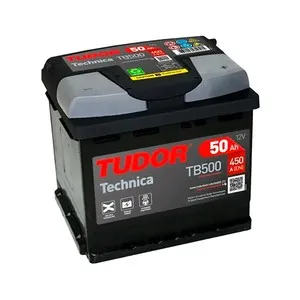Batería de coche 50Ah, arranque 500A, 12v, L: 20,7cm, A: 17,5cm, H: 19cm, TUDOR.