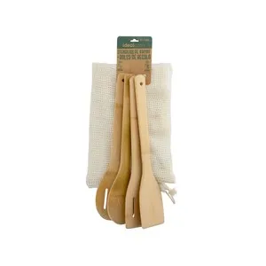 Set de 4 utensilios de bambú y bolsa de algodón, 48x33 cm, TABERSEO.
