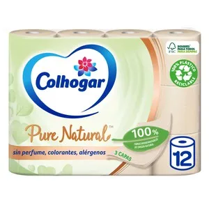 COLHOGAR Papel higiénico Pure Natural con fibras naturales 12 rollos