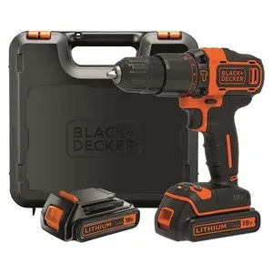 Taladro atornillador con batería litio 18V, 2 baterías y maletín, BLACK + DECKER BDCHD18KB.