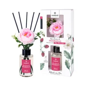 AMBAR Ambientador perfumador de varillas con flor (Mikado), con aroma a frambuesas 75 ml.
