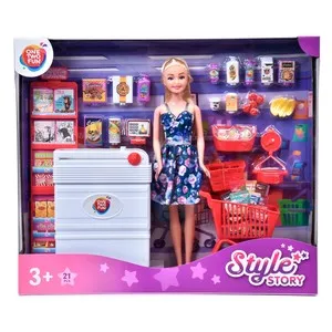 Conjunto Style Story Muñeca en el Supermercado con caja, procuctos y accesorios, 21 piezas +3 Años ONE, TWO FUN