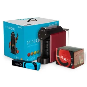 Pack de cafetera de cápsulas + 50 cápsulas de café DELTA Q MiniQOOL rojo, automática, multibebidas, recipiente para cápsulas.