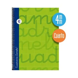 Cuaderno de espiral tamaño cuarto con 80 hojas de cuadrovía 4mm. Cubierta extra dura color verde. EDITORIAL LAMELA.