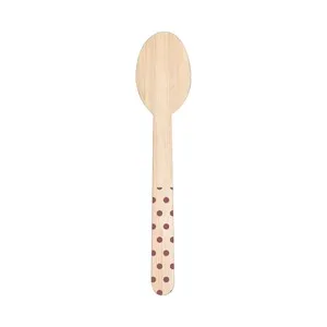 Cucharas desechables de madera con mango decorado con lunares morados, 100% natural, 10 unidades, Green ACTUEL.