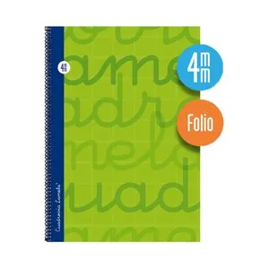 Cuaderno de espiral tamaño cuarto con 80 hojas de cuadrovía 4mm. Cubierta extra dura color verde. EDITORIAL LAMELA.