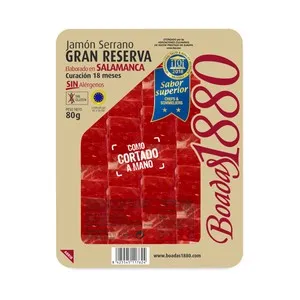 BOADAS Jamón serrano gran reserva, con curación de 18 meses y cortado en finas lonchas BOADAS 1880 80 g.