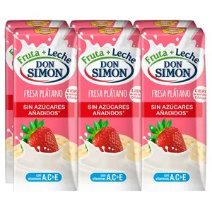 DON SIMON Bebida de leche con frutas de fresa y plátano sin azúcares añadidos 6 x 200 ml.