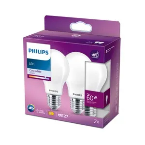 Pack de 2 bombillas Led E27, 7W=60W, luz neutra 4000K, 806lm, PHILIPS.