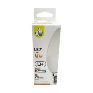 Bombilla LED vela E14 4,9W=40W, luz cálida, 2700K, 470lm, AUCHAN.