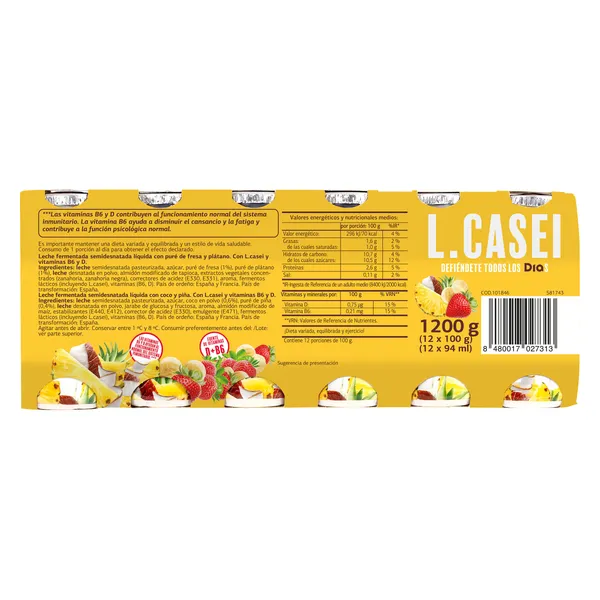 Bebida de fresa y plátano/coco y piña L-Casei Dia pack 12 x 100 g 3