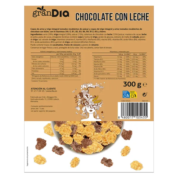 Cereales copos de arroz y trigo integral con chocolate Gran Dia 300 g 4