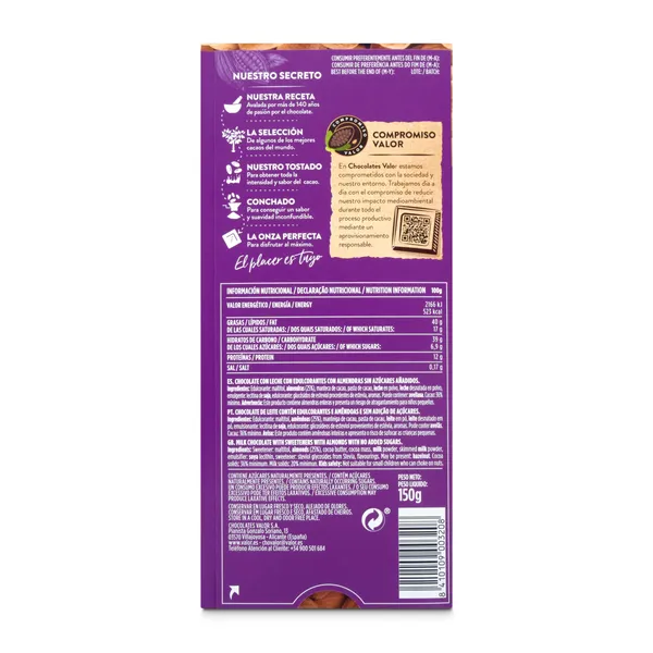 Chocolate con leche y almendras enteras 0% azúcares Valor 150 g 3