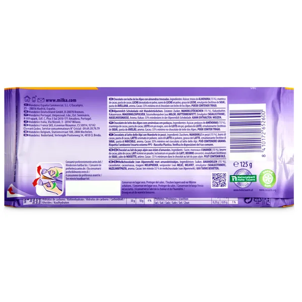 Chocolate con leche y almendras troceadas Milka 125 g 2