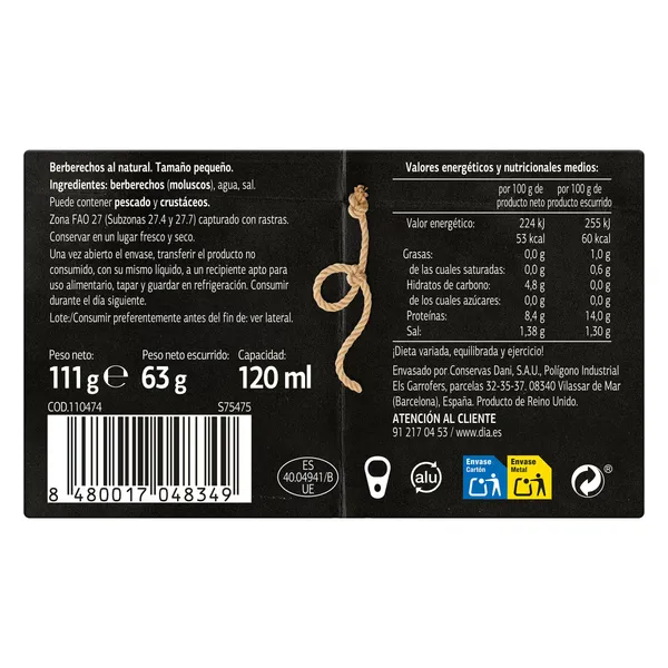 Berberechos al natural 60/100 piezas Dia Mari Marinera lata 63 g 3