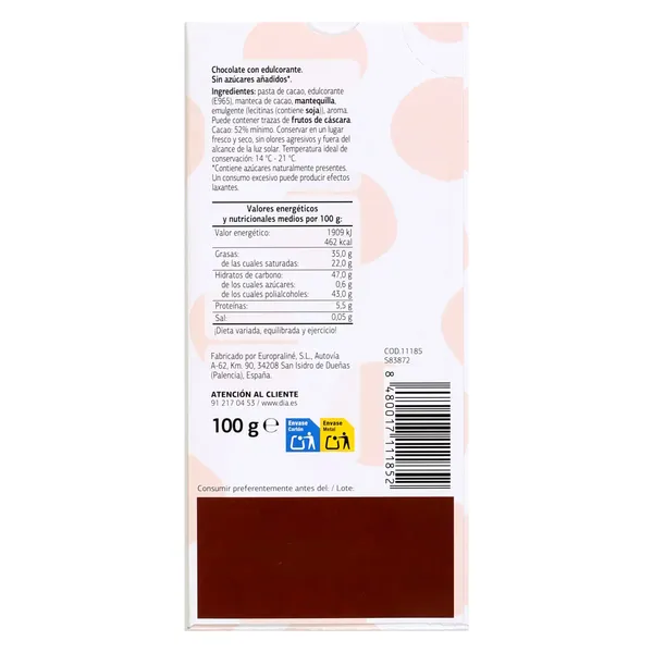 Chocolate negro sin azúcares añadidos Dia Temptation 100 g 4