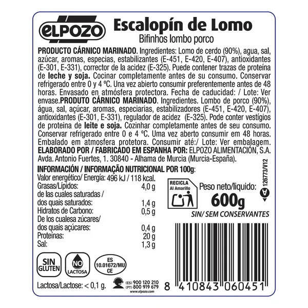 Escalopín de lomo marinado Elpozo Extratiernos 600 g aprox. 3