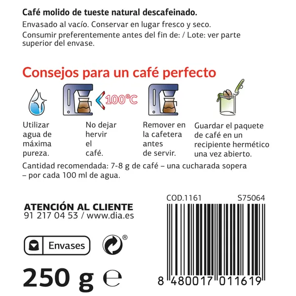 Café molido natural descafeinado Dia Cafetería 250 g 4