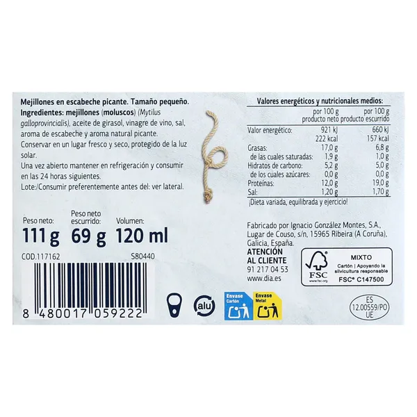 Mejillones en escabeche picantes 14/18 piezas Dia Mari Marinera lata 69 g 3