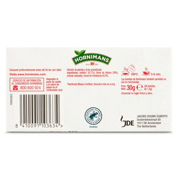 Infusión frutal frambuesa y rooibos Hornimans caja 20 unidades 3
