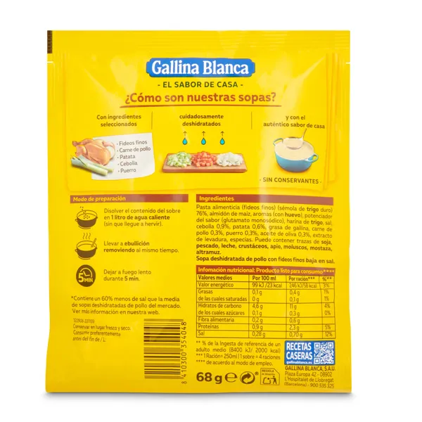 Sopa de pollo con fideos baja en sal Gallina Blanca 68 g 2