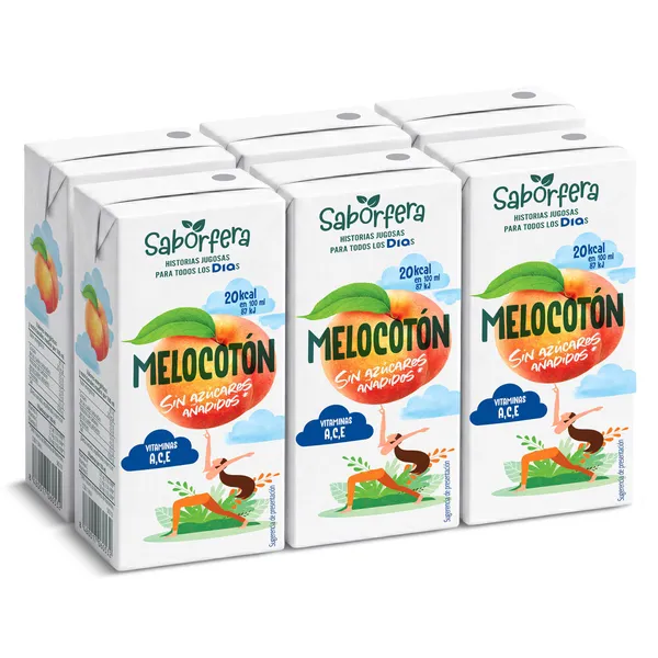Bebida de zumo de melocotón sin azúcares añadidos Saborfera de Dia pack 6 x 200 ml