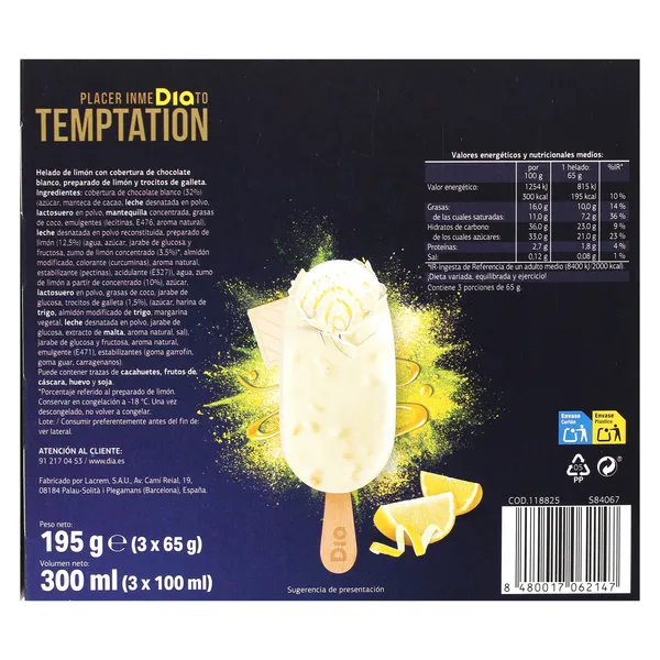 Helado bombón de limón 3 unidades Temptation de Dia caja 195 g 3