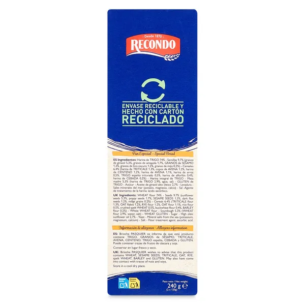 Hogaza de pan cereales y semillas Recondo caja 240 g 3