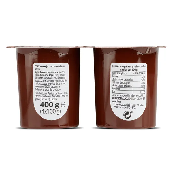 Postre vegetal de soja con chocolate Dia Vegedia pack 4 x 100 g 3