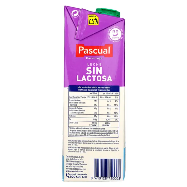 Leche semidesnatada sin lactosa Pascual brik 1 l 3