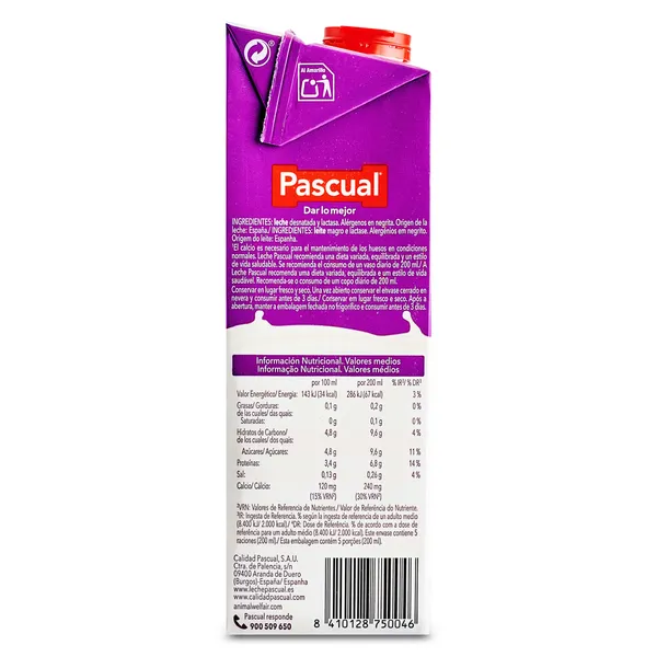 Leche desnatada sin lactosa Pascual 1 L 4