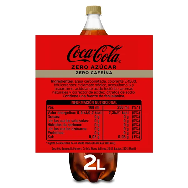 Refresco de cola zero azúcar zero cafeína Coca-Cola botella 2 L 2