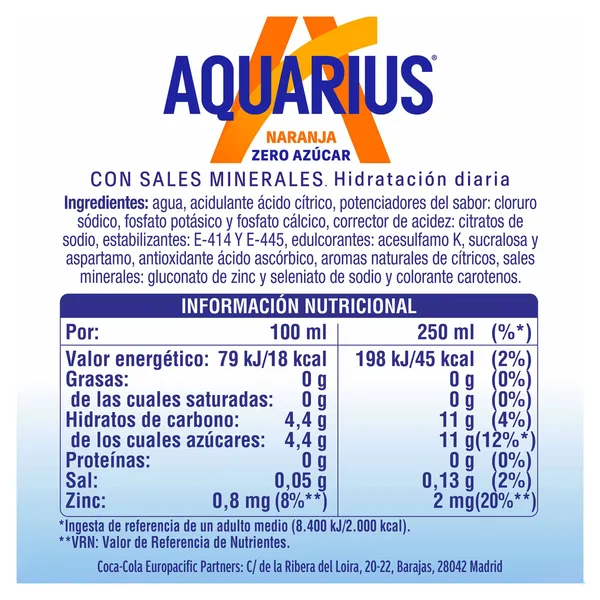 Bebida refrescante de naranja zero azúcar Aquarius botella 1.5 L 2