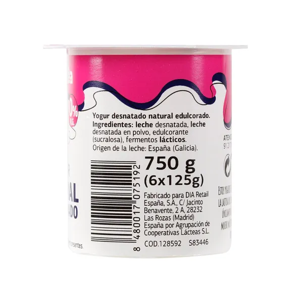 Yogur natural desnatado edulcorado Dia Láctea 6 x 125 g 4