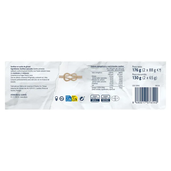 Sardinillas en aceite de girasol Dia Mari Marinera lata 2 x 65 g 3