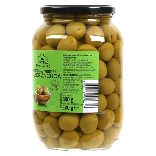 Aceitunas verdes con hueso sabor anchoa Dia Vegecampo frasco 500 g 3