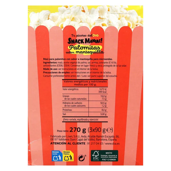 Palomitas sabor mantequilla para microondas Dia Snack Maniac 270 g 5